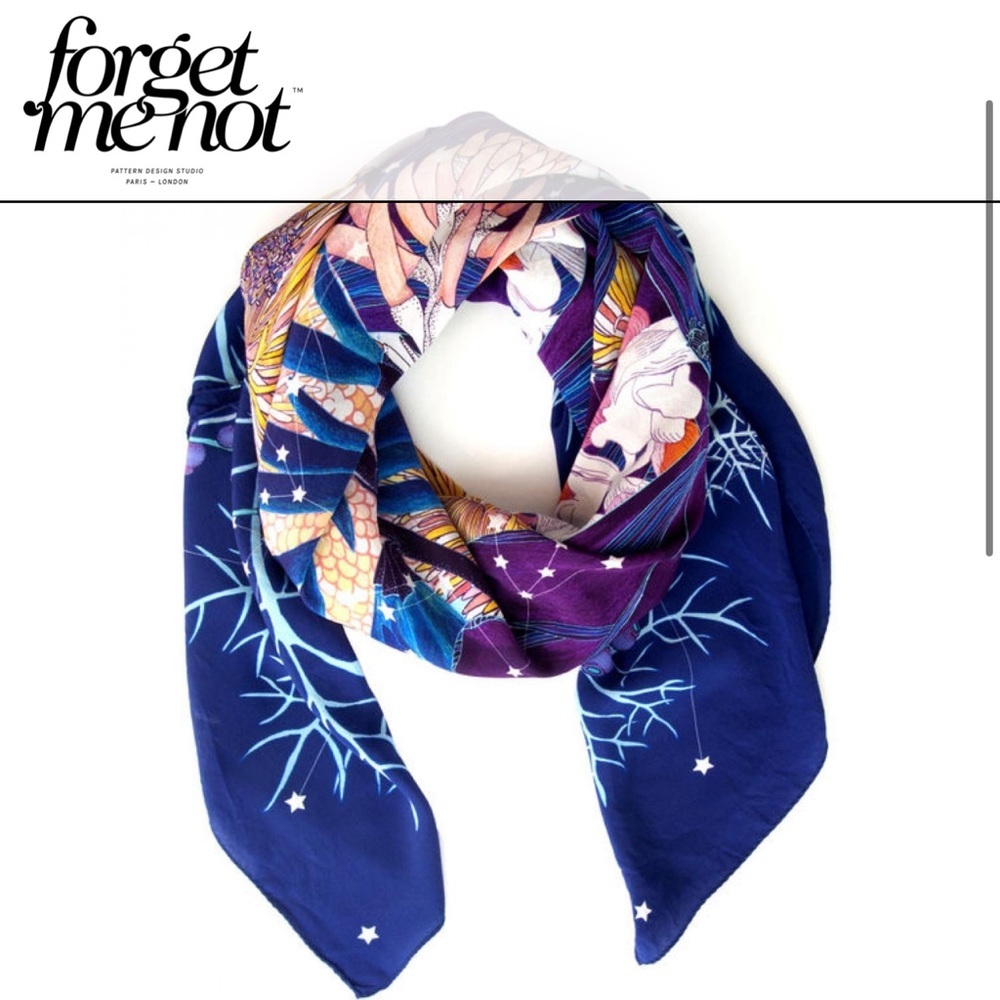 Forget Me Not Twilight Flower Silk Crepe de Chine Scarf Navy Botanical Print 48” - Picture 2 of 7
